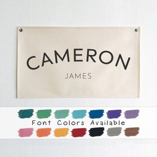 Baby Name Flag, Custom Name Banner, Nursery Name Sign, Linen Look Canvas Easy Clean Machine Washable, Boho Cozy Nursery Decor Wall Art BNF-3