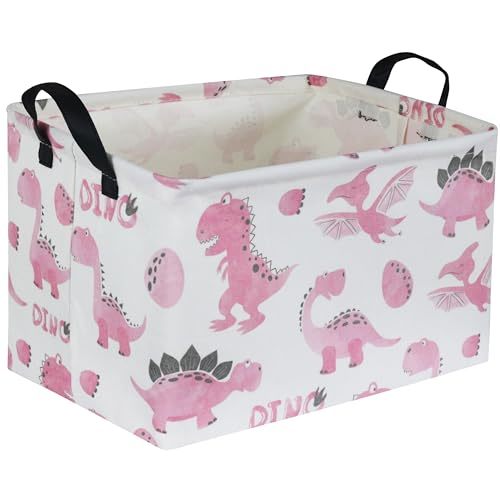 Sanjiaofen Rectangular Pink Baskets,Dinosaur Basket Cute Storage Basket Organizer for Kids Room Dinosaur Decor ,Clothers,Toys Box,Books,Kid's Gifts Storage. (Pink Dinosaur)