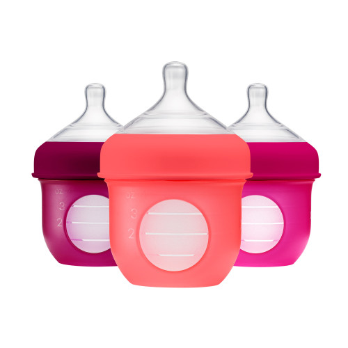 Boon Nursh Silicone Baby Bottle, Slow Feed, Milk Infant Newborn, Air-Free Feeding, Pink, 4 Oz 3 Pk