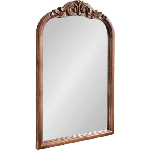 Kate and Laurel Arendahl Traditional Arch Wall Mirror; 24 x 36; Walnut Brown; Vintage Baroque-Inspired Wooden Arched Bathroom Mirror for Over Sink with Ornate Carved Crown