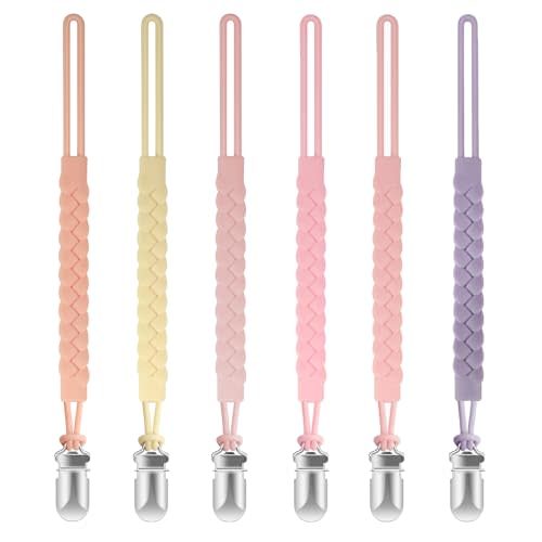 TenderBabe Silicone Pacifier Clip for Baby Girls and Boys, Pack of 6 Soft Flexible Paci Binky Clips with One-Piece Braided-Style Design,BPA-Free Baby Essentials