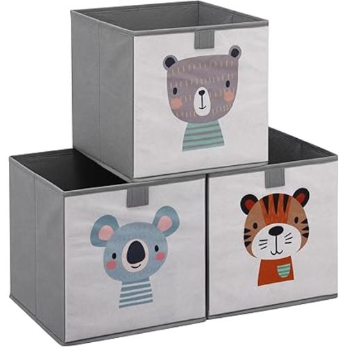Navaris Kids Storage Cubes Set of 3 - Kids Cube Fabric Organizer Storage Bins - Foldable Cloth Cube for Childrens Bedroom Baby Nursery - Book Toy Bin Cubby Storage - Beige
