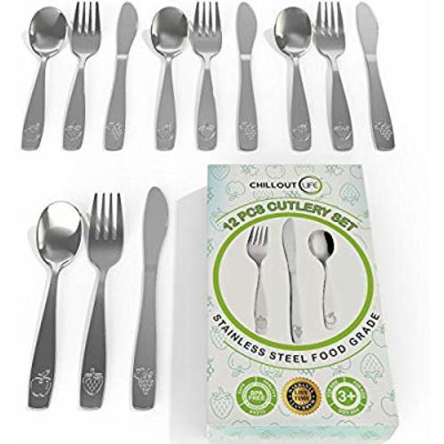 12 Piece Stainless Steel Silverware Set | Toddler Safe Flatware | Utensil Set | Metal Kids Cutlery Set Includes 4 Small Toddler Spoons, 4 Forks & 4 Knives