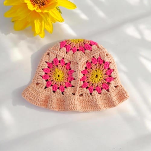 Crochet Baby Hat with Sunflower Granny Square- 3-6 Months