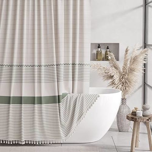 AmazerBath Farmhouse Shower Curtain Sets, Sage Shower Curtain Boho Rustic Linen Shower Curtain with Beige Tassel, Striped Fabric Shower Curtain with Upgraded Hooks for Bathroom, 72"x72", Sage Green