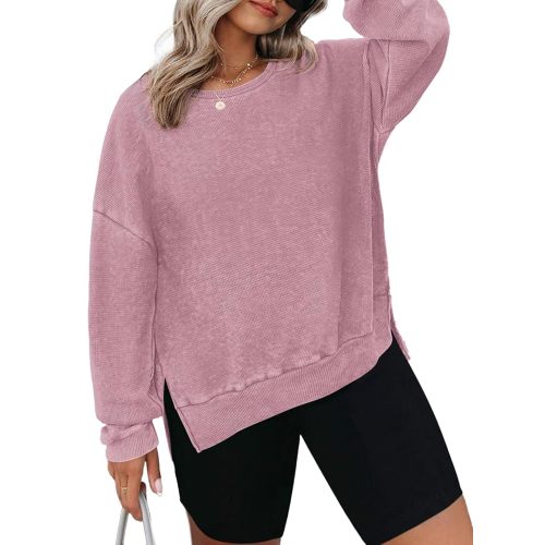 Eytino Womens Plus Size Sweatshirts Crewneck Waffle Knit Long Sleeve Side Slit Casual Pullover Sweatshirt Tops(1X-5X)