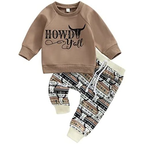 2Pcs Toddler Baby Boy Western Clothes Cow Print Long Sleeve Pullover Sweatshirt Tops+Jogger Pants Fall Winter Outfits