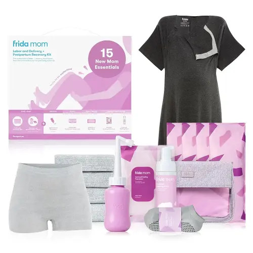 Frida Mom 15pc Labor & Postpartum Kit Gift Set for Baby Showers & Mom to Be, Includes Peri Bottle, Nursing Gown, Disposable Underwear, Ice Maxi Pads, Pad Liners, Perineal Foam, Socks & Toiletry Bag