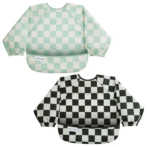 Tiny Twinkle Long Sleeve Bib for Babies & Toddlers | 2-Pack Waterproof Smock Bib for Eating | Machine Washable & Mess-Proof Feeding Essentials | Newborn Shower Gift (Black,Sage Checkers, 6-24M)