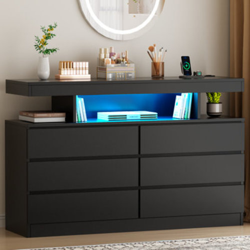 Wrought Studio™ Adriel 6 Drawer 47.3" W Dresser With Power Outlet And Led Light & Reviews | Wayfair