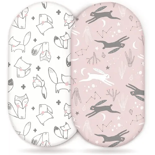 GRSSDER Stretchy Ultra Soft Fitted Bassinet Sheet Set 2 Pack, Universal Fit for Bassinets Baby Cradle Moses Basket Oval Rectangle Pad/Mattress, Cute Foxes and Rabbits Bassinet Sheets for Girls