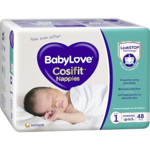 Babylove Cosifit Newborn Nappies Size 1 (Up To 5kg) 48 Pack | Woolworths
