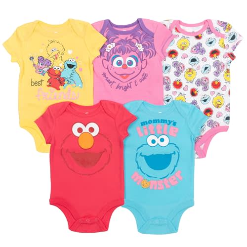 Sesame Street Baby 5 Pack Short Sleeve Bodysuits Newborn to Infant Sizes (Newborn - 24 Months)