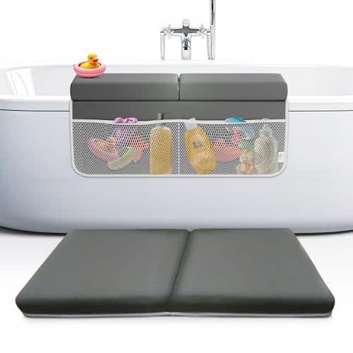 FluffyTub Memory Foam Bath Kneeler and Elbow Rest Pad Set, 2-Inch Thick, Water-Resistant Mat – Baby Bath Time Essentials Cushion and Bath Kneeling Pad for Bathing Baby with Bathtub Toy Organizer.