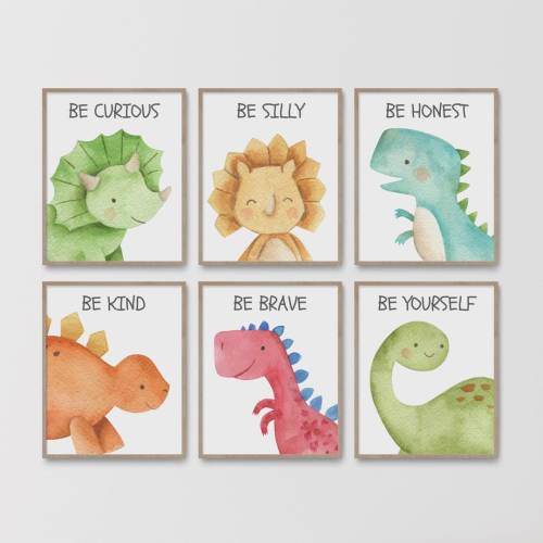 Dinosaur Print Set, Dino Nursery Wall Art, Kids Room Decor, Childrens Art, Set of 6 Posters, Watercolor Painting, Gender Neutral Boy, Girl