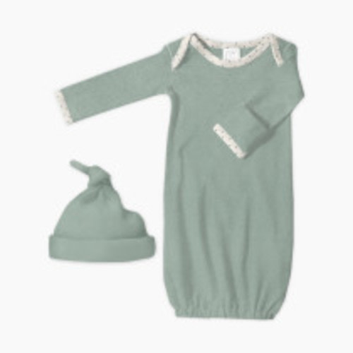 SwaddleDesigns Cotton Knit Long-sleeve Pajama Gown with Mitten Cuffs and Knotted Hat - Heathered Jadeite, 0-3 M