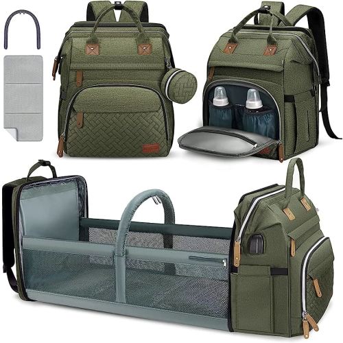 DERJUNSTAR Baby Diaper Bag Backpack with ChangingStation-Large Capacity Baby Bag for Boys & Girls, USBCharging Port, Pacifier Case, sunshade & Toy Bar,Waterproof， Forest