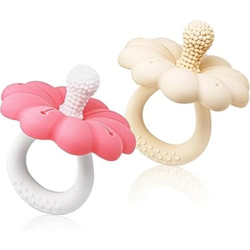 2 Packs Baby Teething Toys for 0-6 6-12 Month, 100% Food Grade Silicone Teether Ring, Flower Baby Chew Toy, BPA Free (Pink & Caramel)