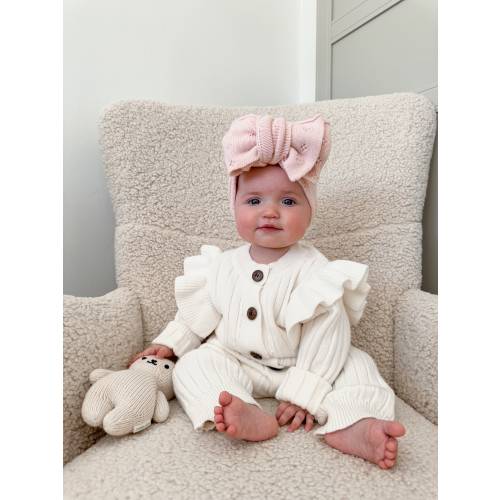 Baby Girl Cotton Knit Ribbed Romper With Sleeve, Elegant White Romper with Frills on Shoulders, Soft Knit Outfit, Winter Cozy Baby Clothes