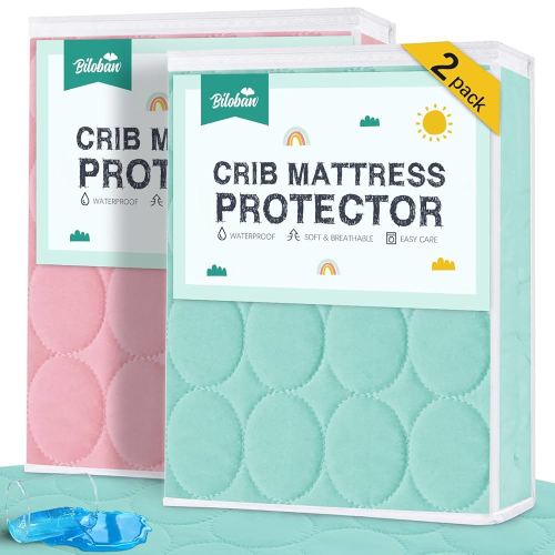Crib Mattress Protector Sheets Waterproof 2 Pack, Quilted Crib Mattress Pad Cover Fitted Fits for Baby Toddler Bed Mattress, Aqua & Pink, 52” x 28”