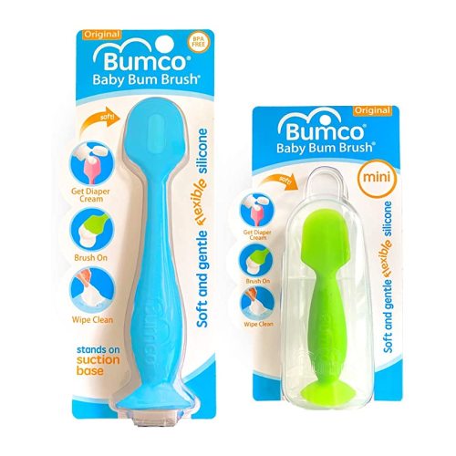Baby Bum Brush, Original Diaper Rash Cream Applicator, Soft Flexible Silicone Brush, Unique Gift + Mini Diaper Rash Cream Applicator with Travel Case, (Blue + Green)