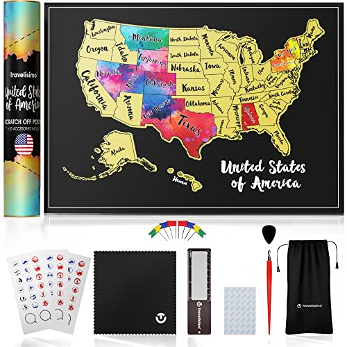 TRAVELISIMO Scratch Off Map of United States, 12x17 Inch Travel Map With 25 Unique Accessories, Colorful Gift for Travelers