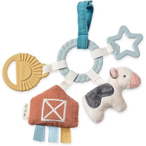 Itzy Ritzy Teething Activity Toy - Bitzy Busy Ring Infant Teething Toy Features Braided Ring & Dangling Toys, Includes Teether, Textured Ribbons, Crinkle Sound & Jingle Bell - 0 Months & Up (Farm)