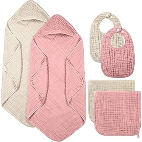 6 Pcs Muslin Hooded Bath Towels Washcloths and Bibs Set, Muslin Cotton Baby Towels Absorbent Hooded Blanket Towel Infant Bibs for Boys Girls Newborn Infant Essentials(Pink, Brown)