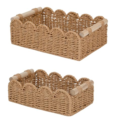 CubesLand Paper Rope Scalloped Edge Decor Baskets for Home, Living Room, Bedroom, Toilet Basket for Over Toilet Storage Shelf, End Table, Shelves and More, Both Storage&Decor, Set 2 Neutral