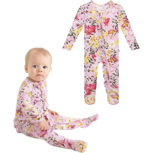 Posh Peanut Footie Pajamas for Baby Girls – Sleepers in Viscose from Bamboo with 2-Way Zipper & Ruffle Trim
