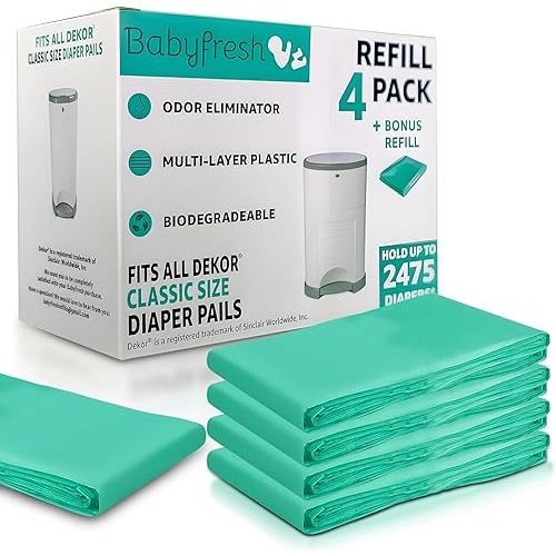 4+1 Pack Extra Refills Compatible with DEKOR CLASSIC Diaper Pails | 30% Extra Thickness & Strength | Diaper Pail Refill Bags with Powerful Odor Elimination Fresh Powder Scent | Holds up to 2475 Diaper