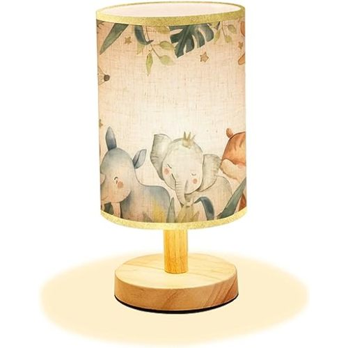 Minimalist Bedside Table Lamp Safari Animals Watercolor with Baby Elephant Lion Zebra Giraffe Wood Nightstand Desk Base Flaxen Fabric Shade for Bedroom Living Room 5.5x11inch