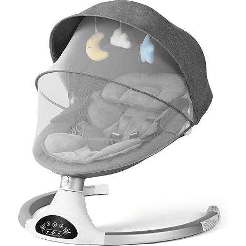 Baby Swing for Infants, Baby Rocker with 5 Point Harness, 10 Preset Lullabies and 3 Speeds with Remote Control, Infant Swing for Baby Boy Girl Up to 20 lbs, Grey