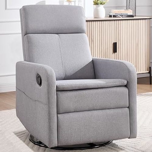 Swivel Rocking Recliner Chair for Adults, Rocker Nursery Glider Chair for Living Room Bedroom, Upholstered Fabric Reclining Single Sofa Chair(Light Grey)
