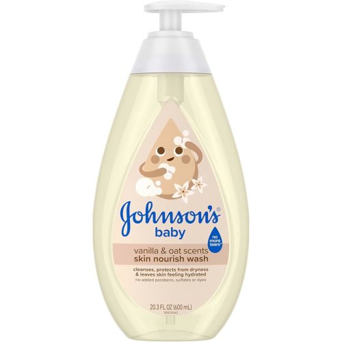 Johnson's Skin Nourishing Moisture Baby Wash, Vanilla & Oat Scents, Tear-Free, Hypoallergenic Baby Body Wash Cleanses, Protects from Dryness, & Leaves Skin Feeling Hydrated, 20.3 fl. oz