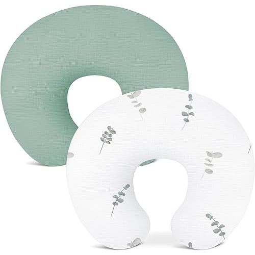 Nursing Pillow Covers 2 Pack, Muslin Nursing Cover for Breastfeeding Pillows, Comfortable for Baby Girls and Boys (Leaf-A & Sage)
