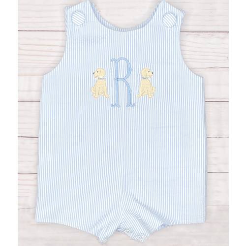 Baby boy toddler puppy dog blue and white seersucker jon jon, romper, golden retriever, seersucker coverall, puppy dog party outfit, boy dog