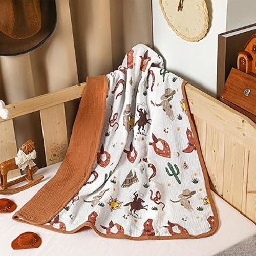 Breling Western Cowboy Muslin Baby Blankets for Girls Boys, 100% Cotton Crib Blanket for Infant Toddler, 40 x 36 Inch Soft and Lightweight Nursery Swaddling Wrap