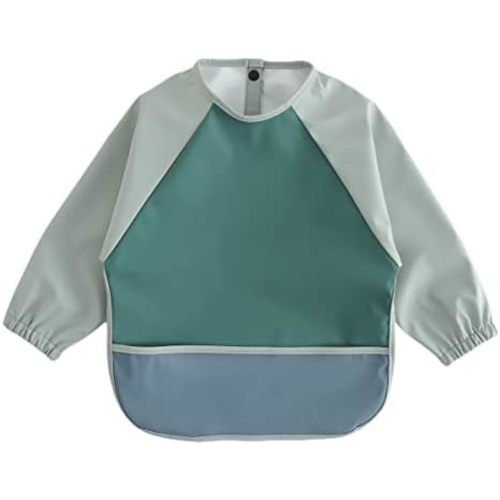 GZMM Waterproof Baby Bibs,Infant Toddler Long Sleeve Feeding Bib With Food Catcher,Wipe Clean & Washable