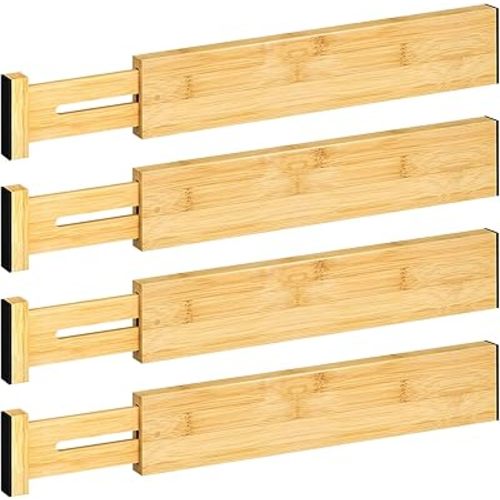 4 PCS Drawer Divider, 12.9"-17" Adjustable Bamboo Drawer Dividers Organizers, Expandable Separators for Kitchen, Clothes, Dressers, Home, Office
