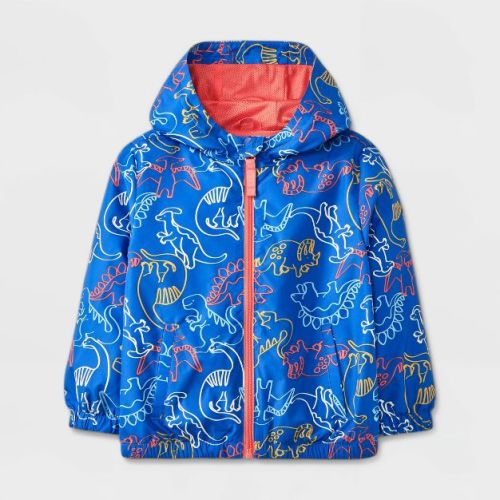 Baby Boys' Dinosaur Printed Full Zip Windbreaker Jacket - Cat & Jack™ Blue 18M: Lightweight Recycled Polyester, Machine Washable