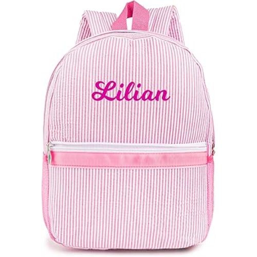 MT WORLD Daycare Backpack Personalized Toddler Backpack with Embroidered Name - Seersucker Kids Backpacks for Little Girls 2-4 Custom Preppy Baby Girls Backpacks for Daily School Birthday Gifts (Pink)