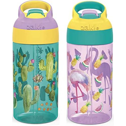 Zak Designs 16oz Riverside Desert Life Kids Water Bottle with Straw and Built in Carrying Loop Made of Durable Plastic, Leak-Proof Design for Travel, Cactus-Flamingo Pineapple, 2PK Set