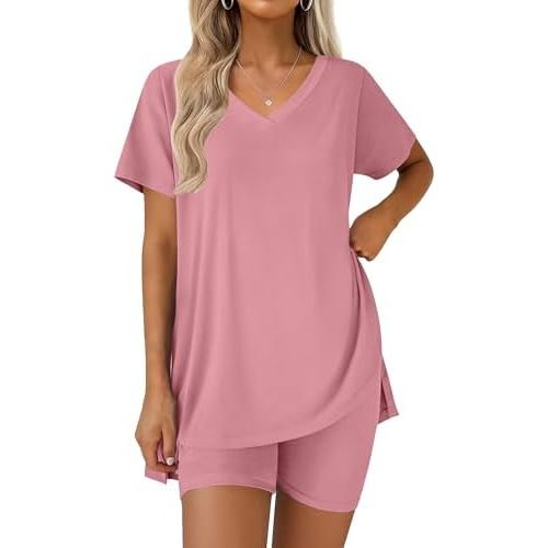 Ekouaer Pajamas for Womens Set 2 Piece Lounge Set Lightweight Summer Pjs Biker Shorts Sets V-Neck Tops Matching Outfits Set