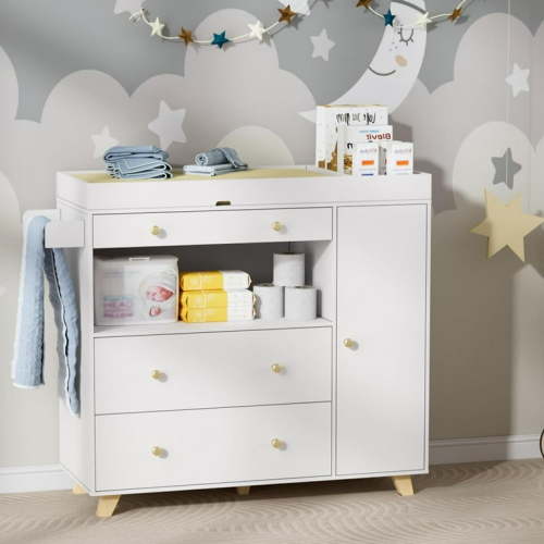 VIVISPECIAL Changing Table Modern Storage Dresser Chest with Wide Table Top, 3 Drawers & Storage Cabinet, Removable Changing Tray, White Drawer Dresser for Bedroom, Living Room, Office