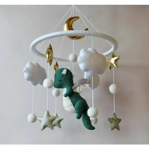 Baby mobile,Dragon nursery baby mobile, Baby boy mobile, Felt hanging toy, Fantasy baby nursery, Golden moon and stars, Baby shower gift