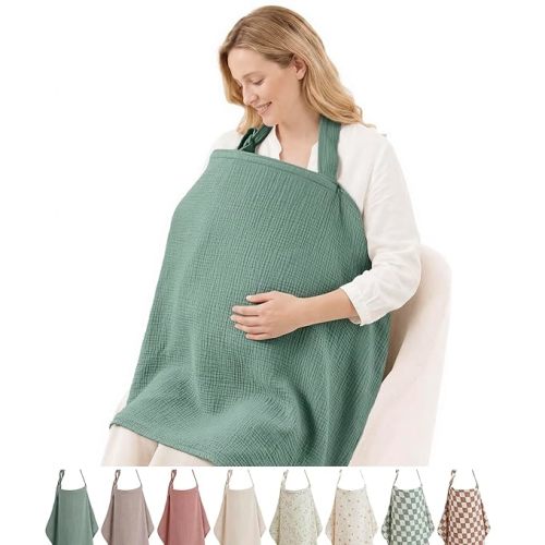 Blissful Diary Muslin Nursing Cover for Breastfeeding, Breathable Breastfeeding Cover up with Arch Neckline for Women, Nursing Apron (Roman Green)
