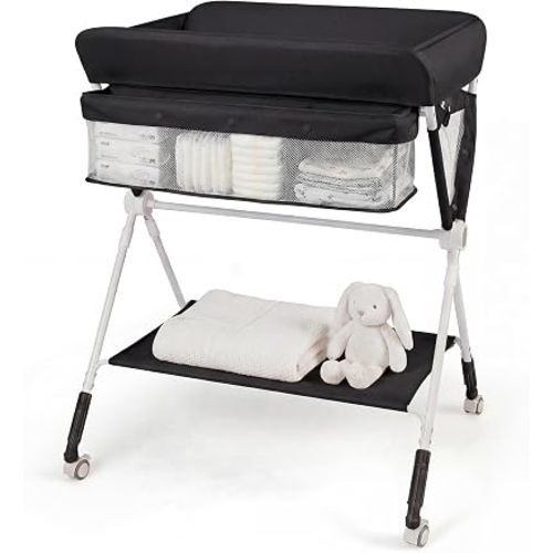 BABY JOY Portable Baby Changing Table, Foldable Diaper Changing Station with Wheels, Adjustable Height, Large Storage Rack, Mobile Nursery Organizer for Newborn Infant (Black)