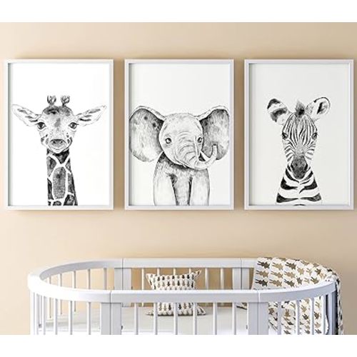 Safari Animals Baby Girl or Boy Set of 3 Nursery Unframed Prints, Bedroom Decor Wall Art Posters, Elephant Giraffe Zebra, Black and White Style Prints (11x14)