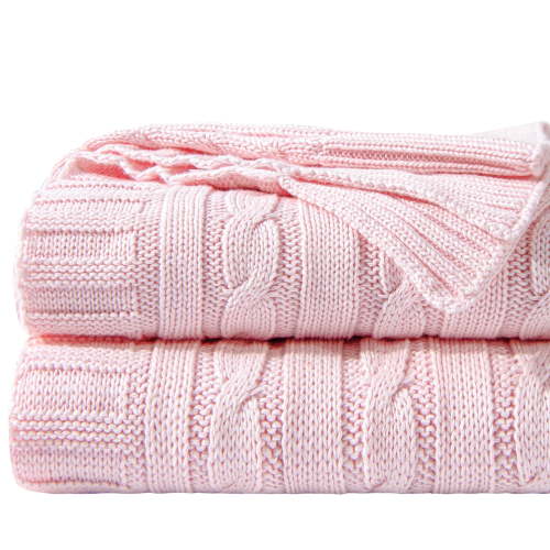 Ntbay 100% Cotton Cable Knit Throw, Super Soft Warm Knitted Blanket Home Decor, 60"x80", Baby Pink